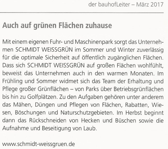 SchmidtWeissGrün in der Fachzeitschrift der bauhofLeiter